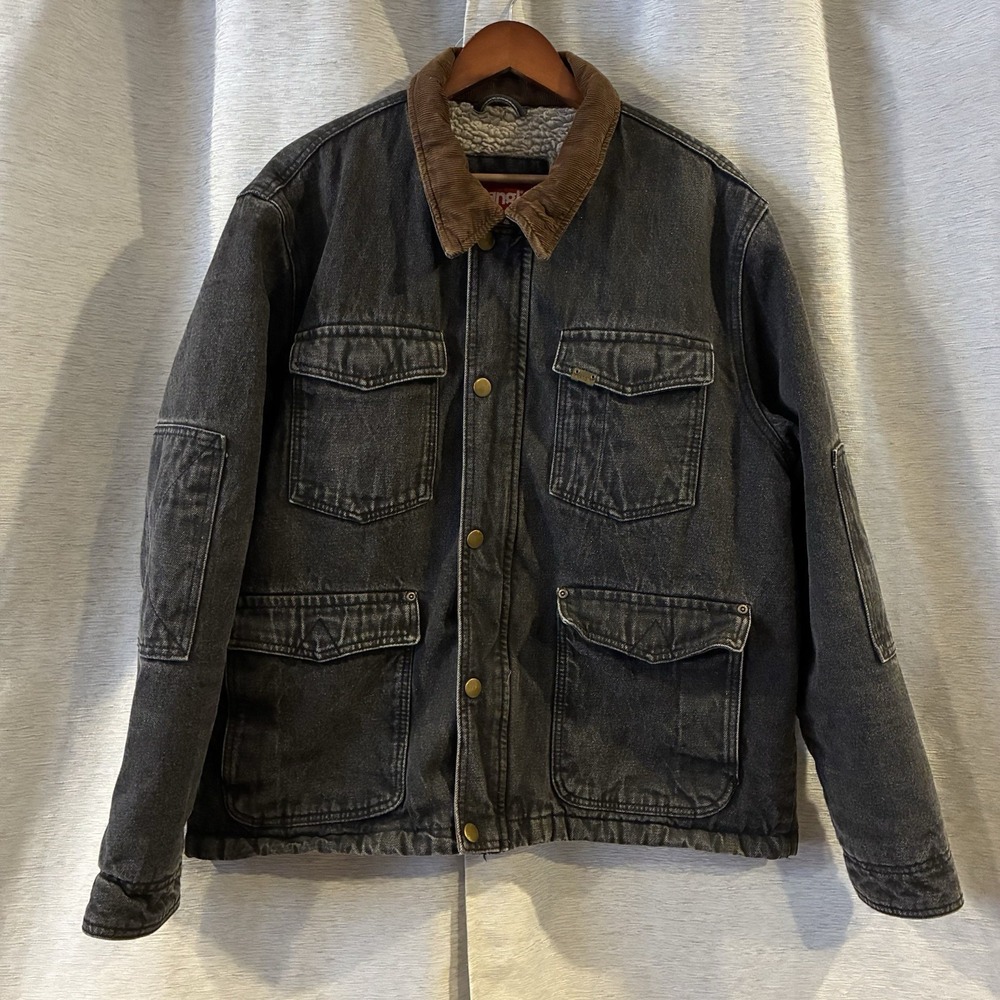 Wrangler VTG Sherpa Lined Dark Wash Black Denim Jacket Corduroy Collar Men‎ XL